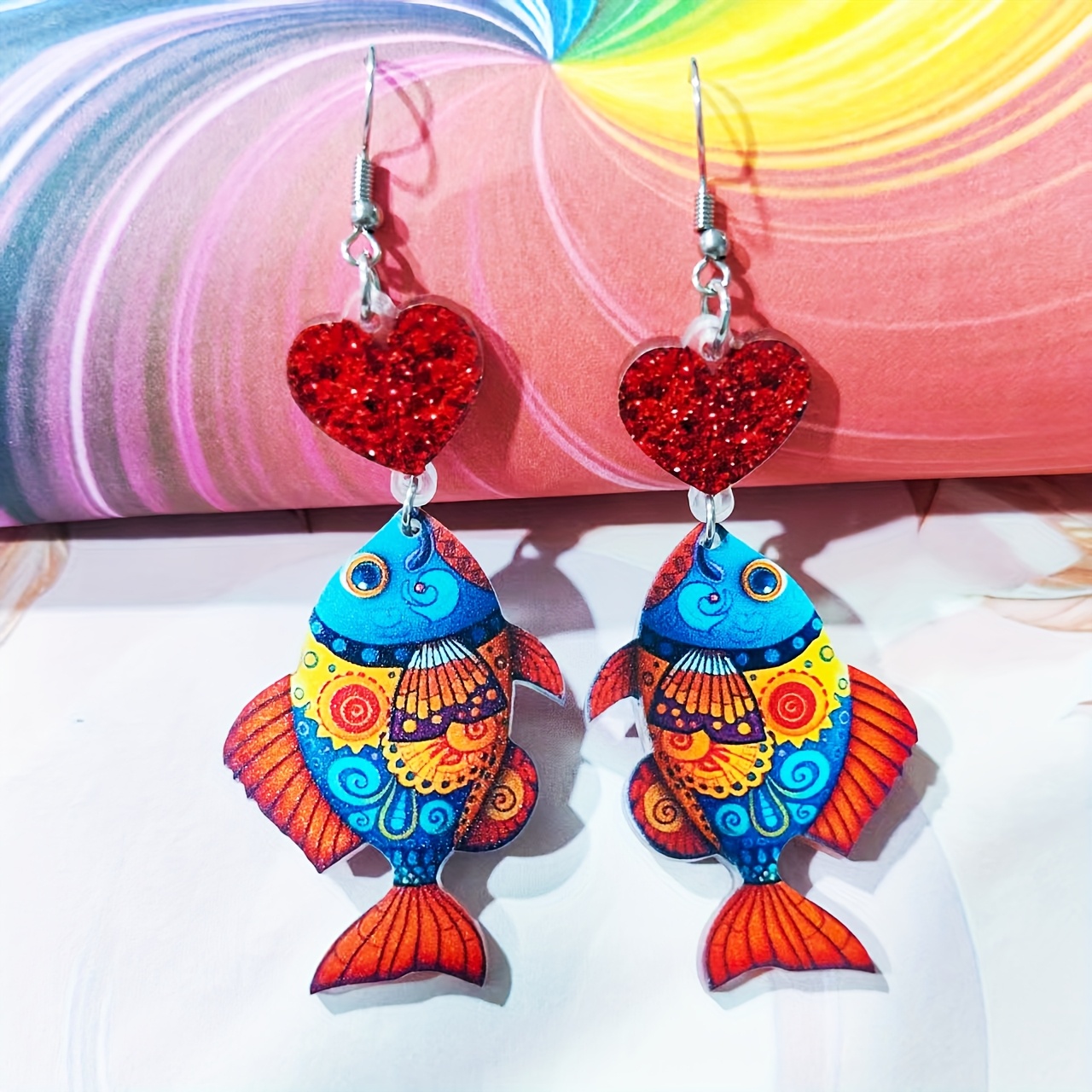 Women's Handmade Iridescent Fish and Heart Pendant Drop Earrings
